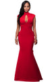 Sexy Red High Neck Ruffle Back Ponti Gown