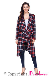 Sexy Red Hipster Plaid Draped Open Front Cardigan