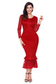 Sexy Red Hollow-out Long Sleeve Lace Ruffle Bodycon Midi Dress
