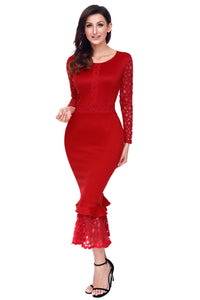 Sexy Red Hollow-out Long Sleeve Lace Ruffle Bodycon Midi Dress