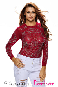 Sexy Red Iridescent Stones Long Sleeves Top