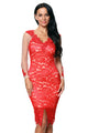 Sexy Red Lace Applique Nude Illusion Long Sleeve Dress