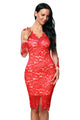 Sexy Red Lace Applique Nude Illusion Long Sleeve Dress