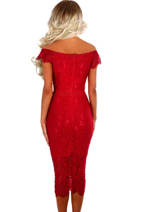 Sexy Red Lace Bardot Midi Dress
