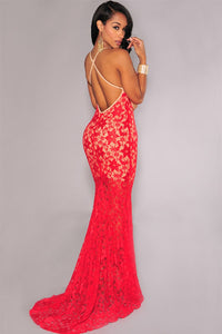 Sexy Red Lace Nude Illusion Crisscross Back Evening Dress