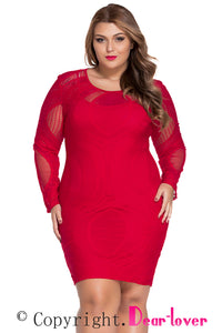 Sexy Red Lace Nude Illusion Long Sleeves Bodycon Dress