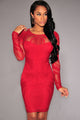 Sexy Red Lace Nude Illusion Long Sleeves Bodycon Dress
