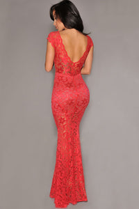 Sexy Red Lace Nude Illusion Low Back Evening Dress