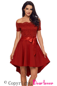Sexy Red Lace Off Shoulder Dip Hem Prom Dress