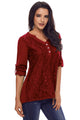 Sexy Red Lace Panel Split Neck Roll Tab Sleeve Blouse