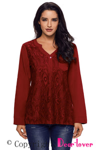 Sexy Red Lace Panel Split Neck Roll Tab Sleeve Blouse