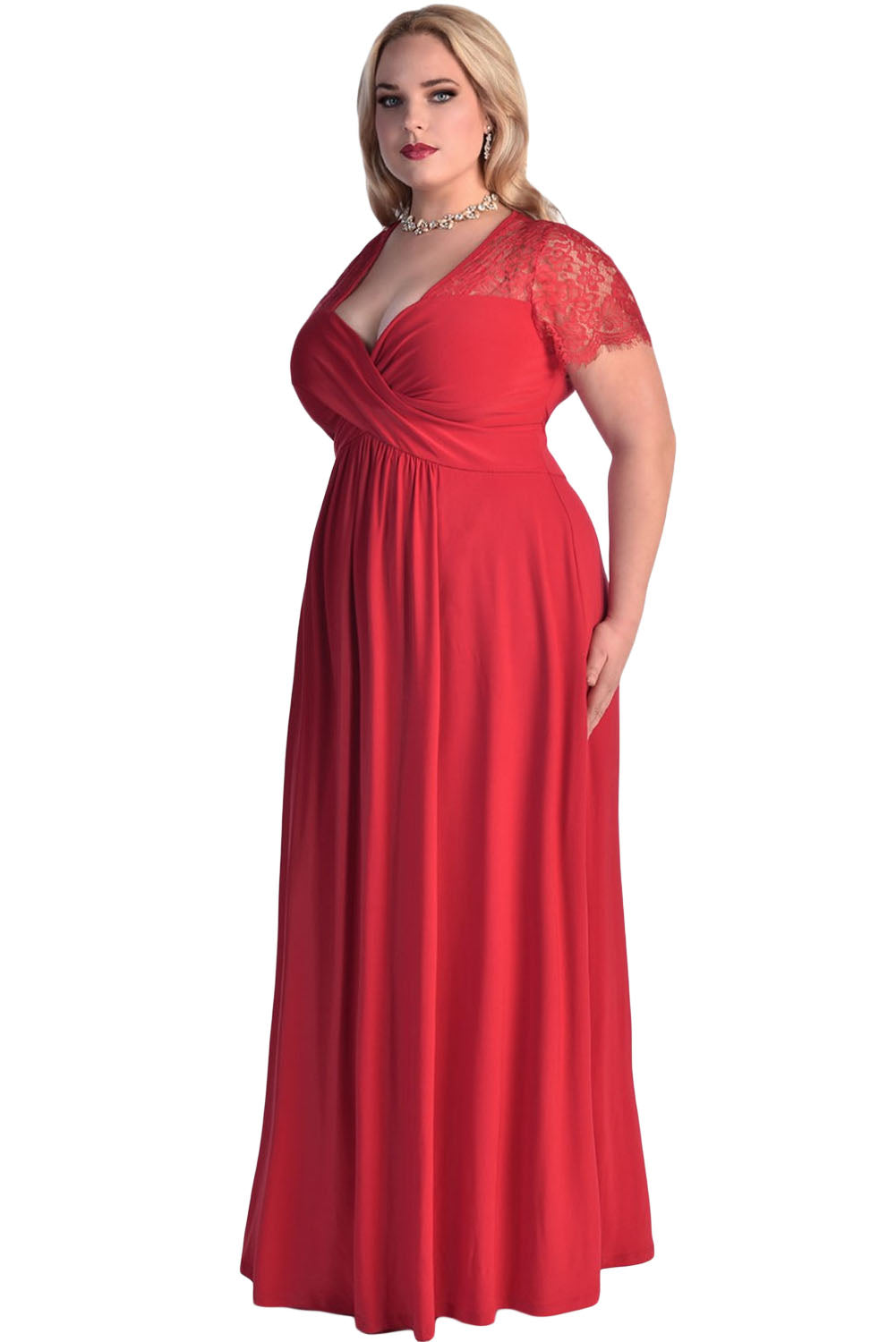Sexy Red Lace Yoke Ruched Twist High Waist Plus Size Gown – SEXY AFFORDABLE CLOTHING Sexy Red Lace Yoke Ruched Twist High Waist Plus Size Gown – SEXY AFFORDABLE CLOTHING