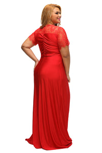 Sexy Red Lace Yoke Ruched Twist High Waist Plus Size Gown