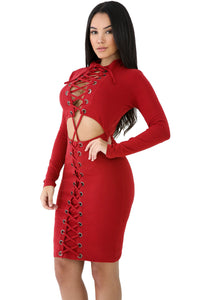 Sexy Red Lace-up Corset Cut Out Long Sleeve Dress