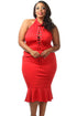 Sexy Red Lace-up Front Mermaid Ruffle Curvy Dress