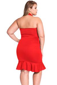 Sexy Red Lace-up Front Mermaid Ruffle Curvy Dress