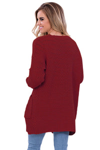 Sexy Red Long Open Front Pocket Cardigan