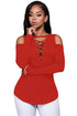 Sexy Red Long Sleeve Cut-out Shoulder Ribbed Top