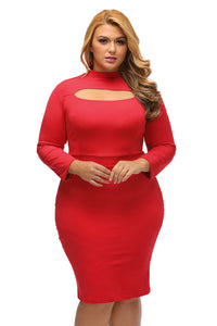 Sexy Red Long Sleeve Keyhole Bodycon Plus Size Dress