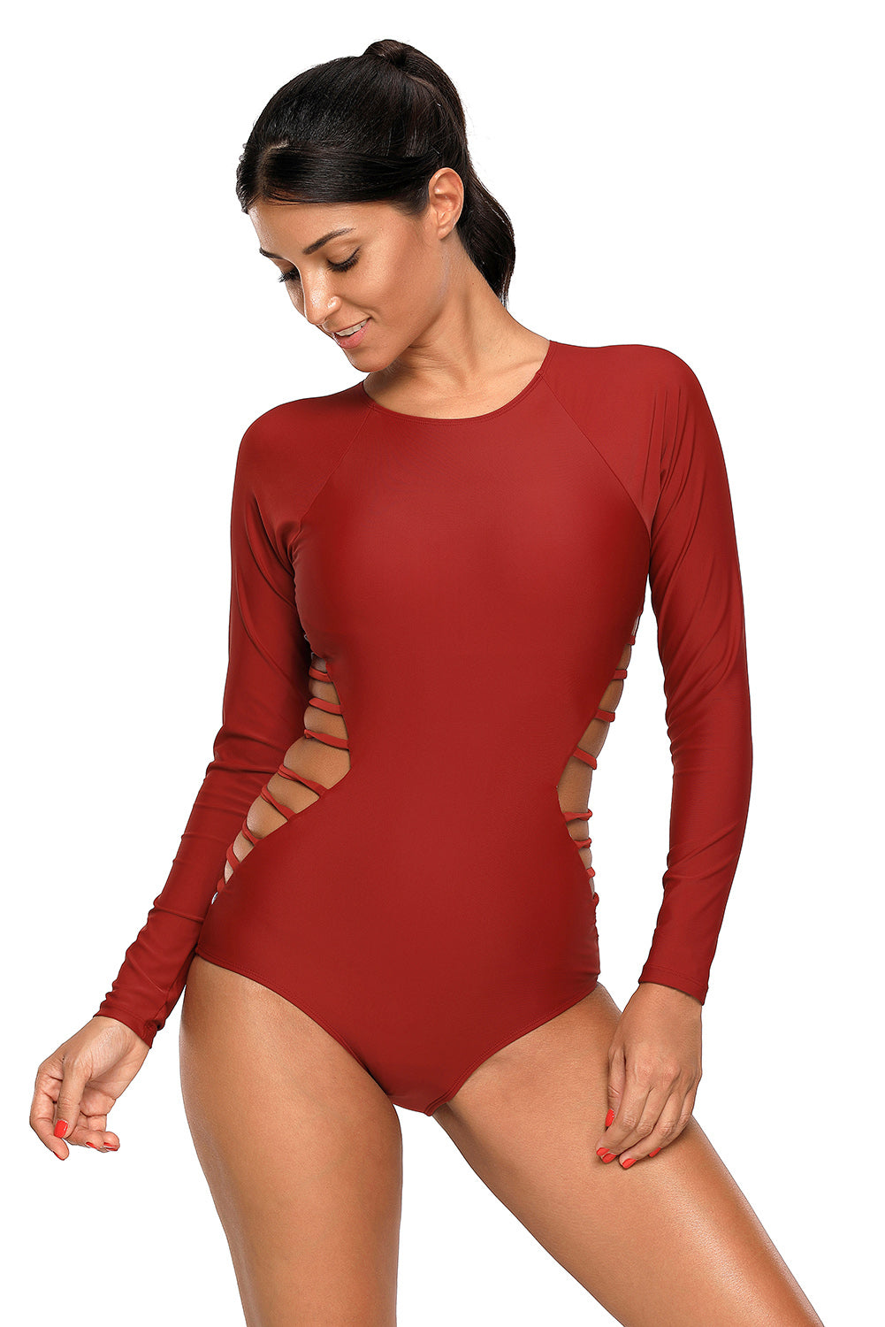 Sexy Red Long Sleeve Strappy Hollow-out One-piece Surf Swimsuit SEXY AFFORDABLE CLOTHING Sexy Red Long Sleeve Strappy Hollow-out One-piece Surf Swimsuit SEXY AFFORDABLE CLOTHING
