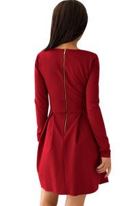 Sexy Red Long Sleeve V Neck Pleated Skater Dress