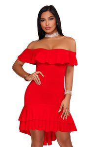 Sexy Red Off Shoulder Hi-Lo Hem Ruffle Party Dress