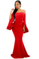 Sexy Red Off Shoulder Pleated Bell Sleeves Party Evening Maxi Dress