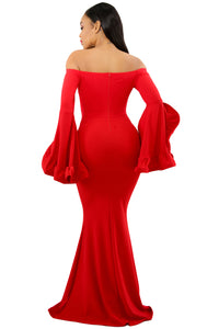 Sexy Red Off Shoulder Pleated Bell Sleeves Party Evening Maxi Dress