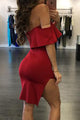 Sexy Red Off Shoulder Ruffle Top Slit Side Dress