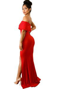 Sexy Red Off The Shoulder One Sleeve Slit Maxi Party Prom Dress
