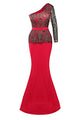 Sexy Red One Shoulder Gold Floral Lace Peplum Top Long Skirt Formal Dress