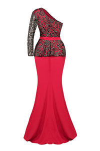 Sexy Red One Shoulder Gold Floral Lace Peplum Top Long Skirt Formal Dress