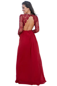 Sexy Red Open Back Long Sleeve Crochet Maxi Party Dress