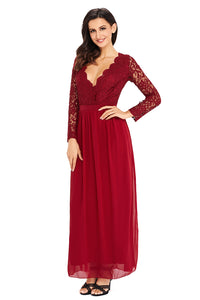 Sexy Red Open Back Long Sleeve Crochet Maxi Party Dress
