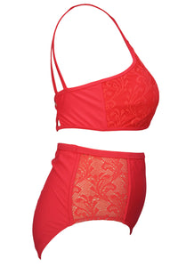 Sexy Red Patterned Mesh Insert Plus Size Swimwear