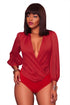 Sexy Red Plunging Neckline Long Sleeve Bodysuit
