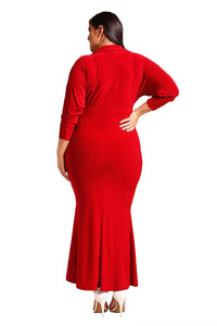 Sexy Red Plus Size Collared Deep V Maxi Dress