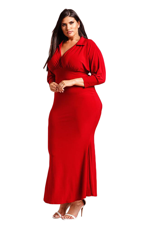 sexy red plus size dress Sexy Red Plus Size Collared Deep V Maxi Dress – SEXY AFFORDABLE CLOTHING