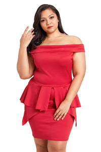 Sexy Red Plus Size Fold Over Off Shoulder Peplum Dress