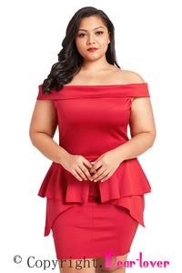 Sexy Red Plus Size Fold Over Off Shoulder Peplum Dress