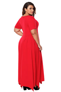 Sexy Red Plus Size Jersey Handkerchief Hem Dress