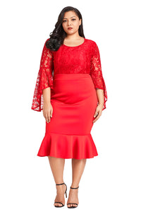 Sexy Red Plus Size Lace Bell Sleeve Mermaid Bodycon Dress