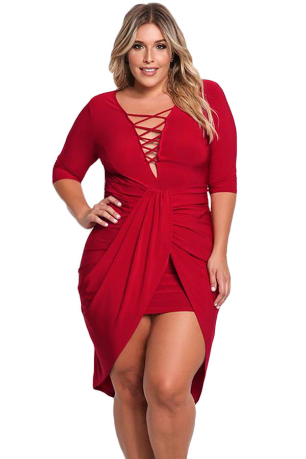 Sexy Red Plus Size Plunge Cross Strap Surplice Bodycon Dress – SEXY