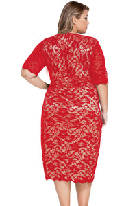 Sexy Red Plus Size V-Neck Half Sleeve Lace Midi Dress
