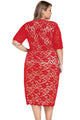 Sexy Red Plus Size V-Neck Half Sleeve Lace Midi Dress
