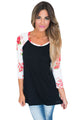 Sexy Red Print Floral Raglan Sleeve Black Top