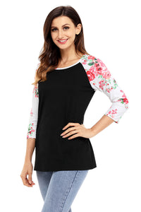 Sexy Red Print Floral Raglan Sleeve Black Top