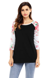 Sexy Red Print Floral Raglan Sleeve Black Top