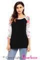 Sexy Red Print Floral Raglan Sleeve Black Top