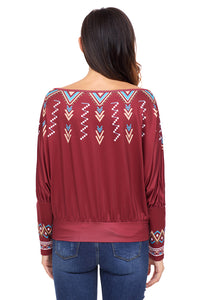 Sexy Red Printed Batwing Sleeve Skew Neck Blouse